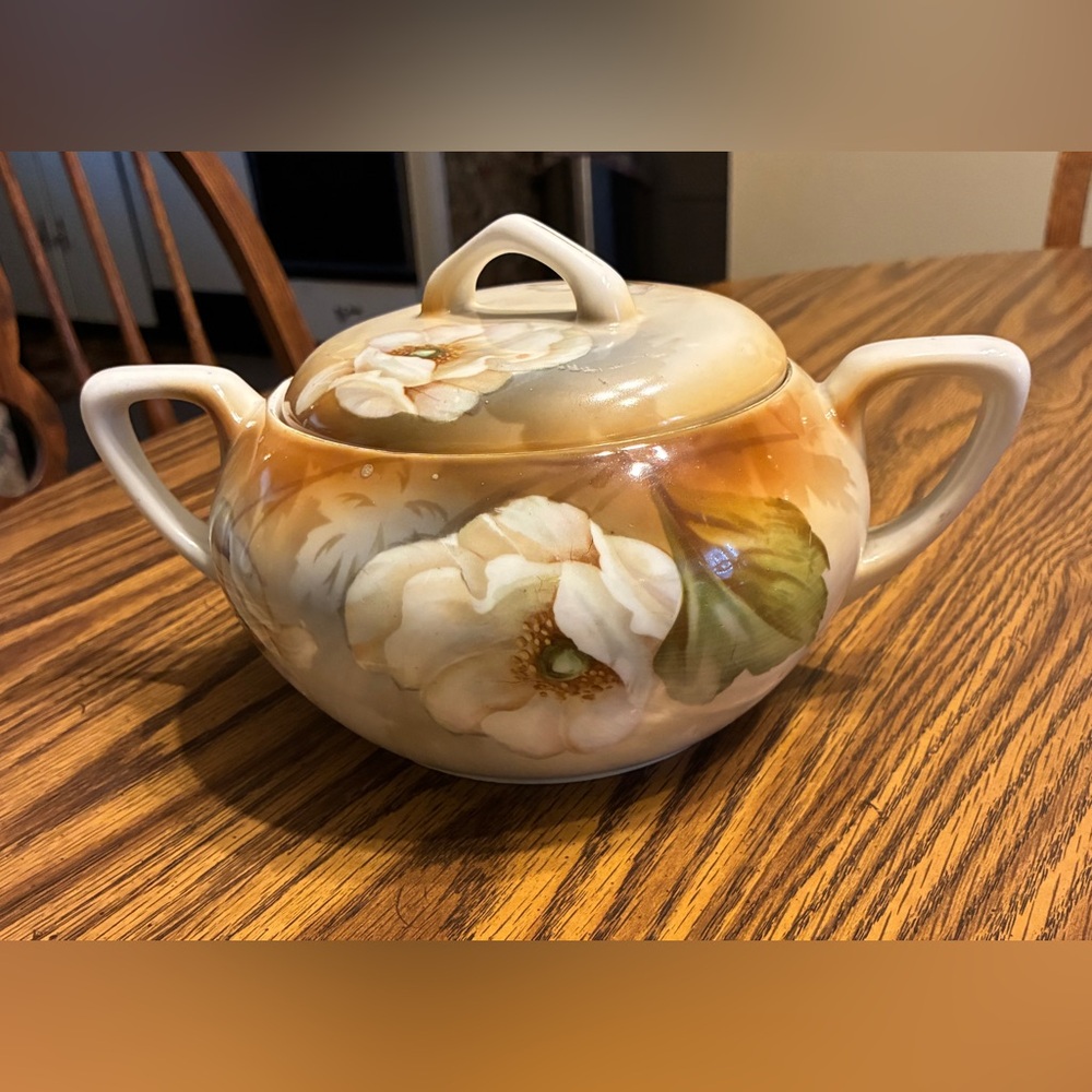 RS Germany Hand Painted Sugar Bowl w Lid Floral Gold Trim Antique 1910s